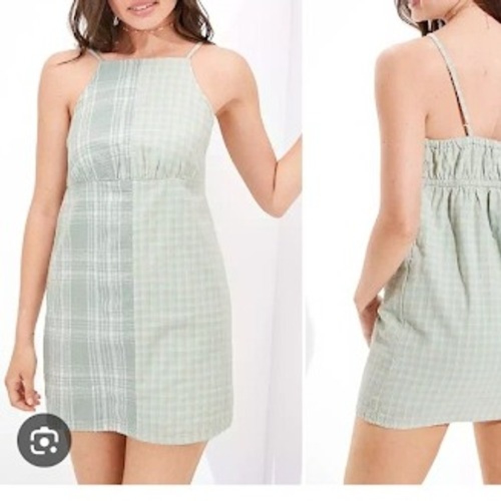 AE American Eagle Plaid‎ Mix Cami Mini Dress Green White Sz Small Cotton